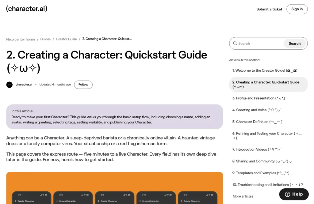 Character.AI — Character creation instructions