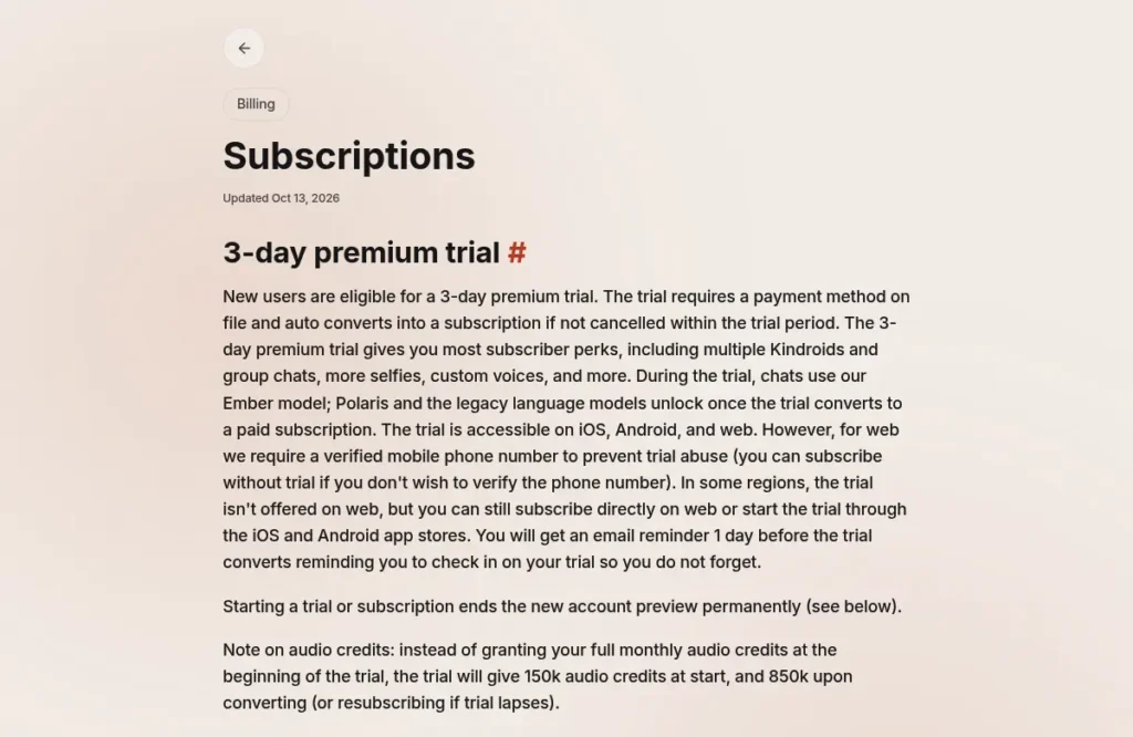 Kindroid — Plans and subscriptions